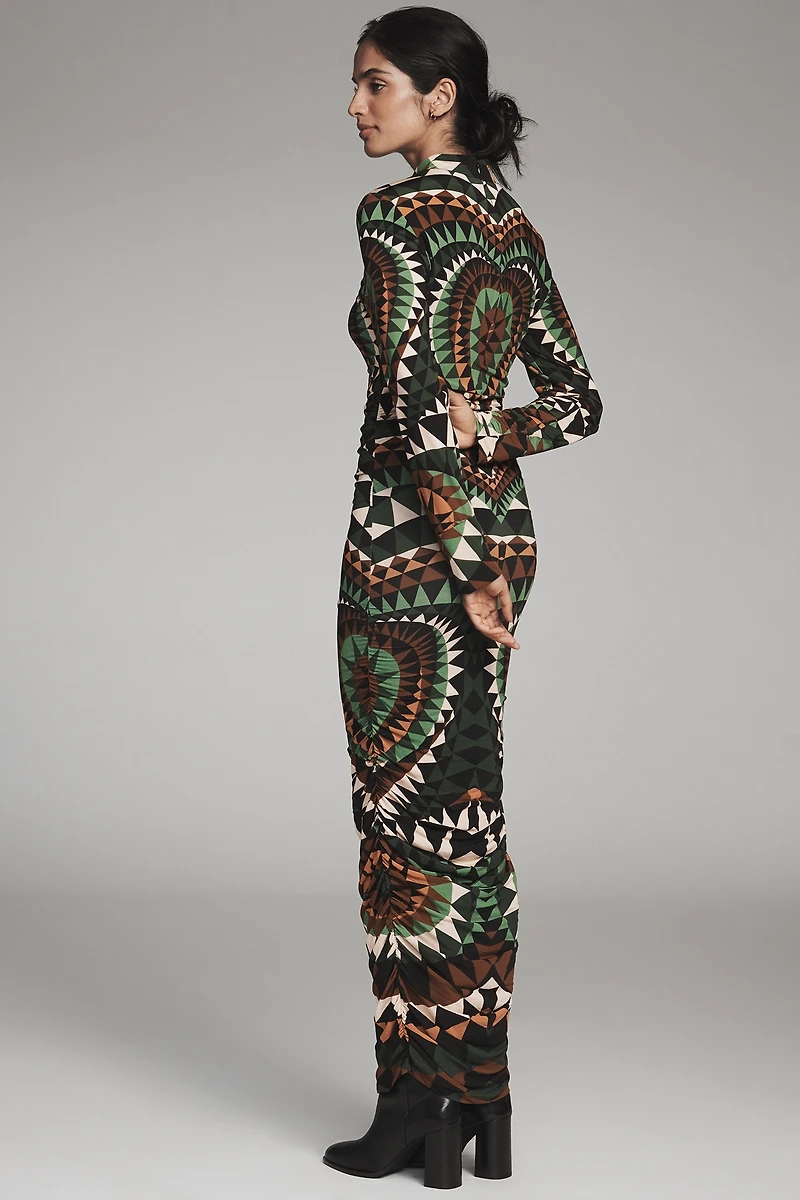 Farm Rio Deco Jersey Long-Sleeve Mock-Neck Midi Dress