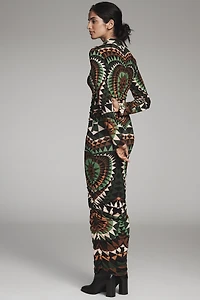 Farm Rio Deco Jersey Long-Sleeve Mock-Neck Midi Dress