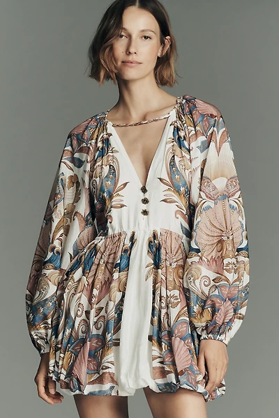 Farm Rio Sea Garden Long-Sleeve Plunge Mini Dress