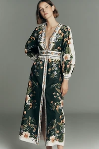 Farm Rio Nature Long-Sleeve Plunge Maxi Dress