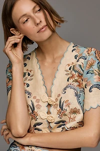 Farm Rio Scalloped Short-Sleeve Linen Rosette Top