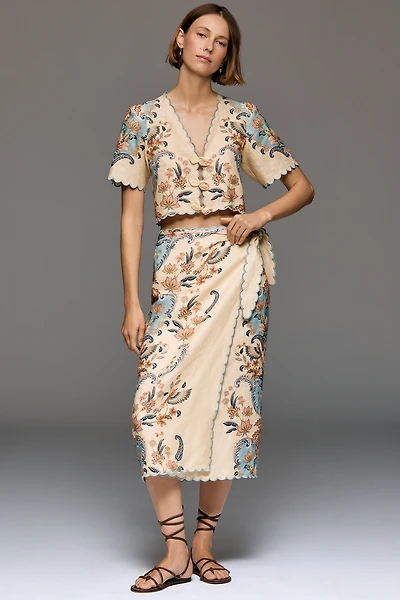 Farm Rio Scalloped Linen Midi Skirt