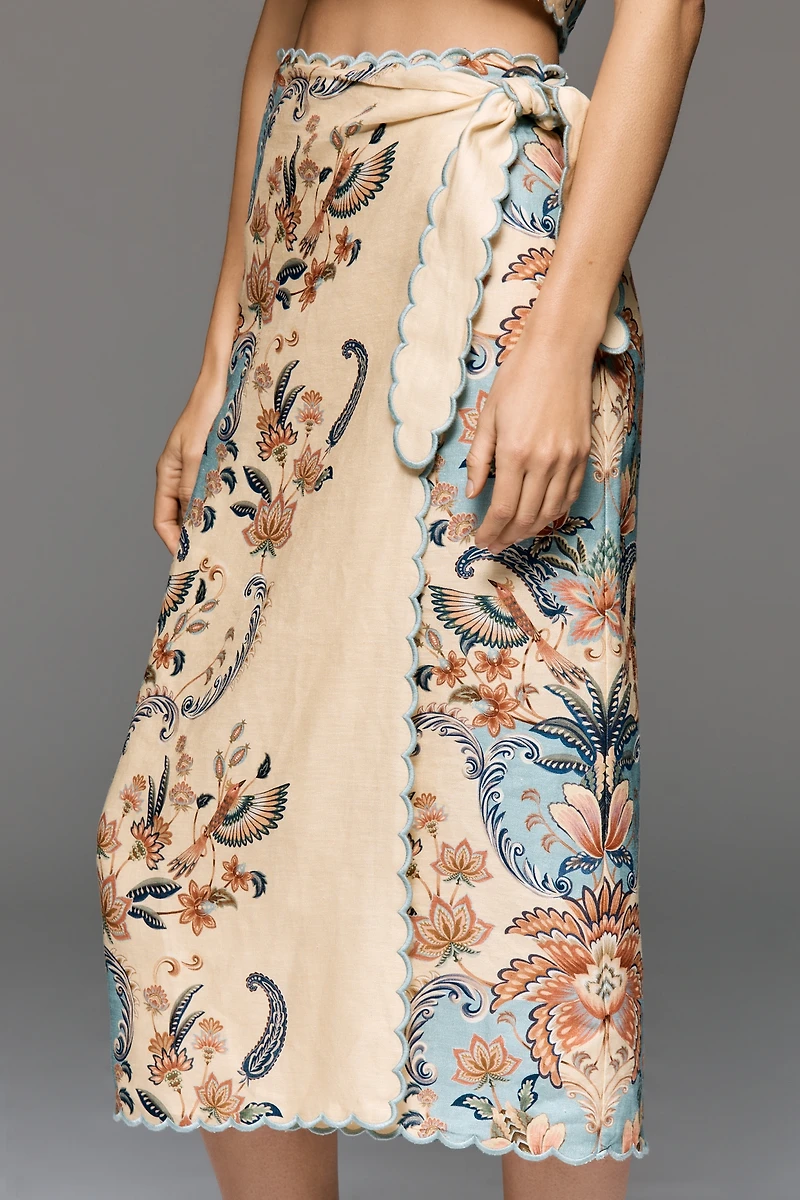 Farm Rio Scalloped Linen Midi Skirt