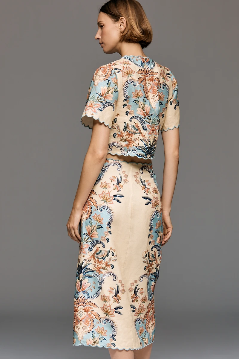 Farm Rio Scalloped Linen Midi Skirt