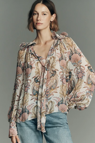 Farm Rio Sea Garden Long-Sleeve Tie-Neck Blouse