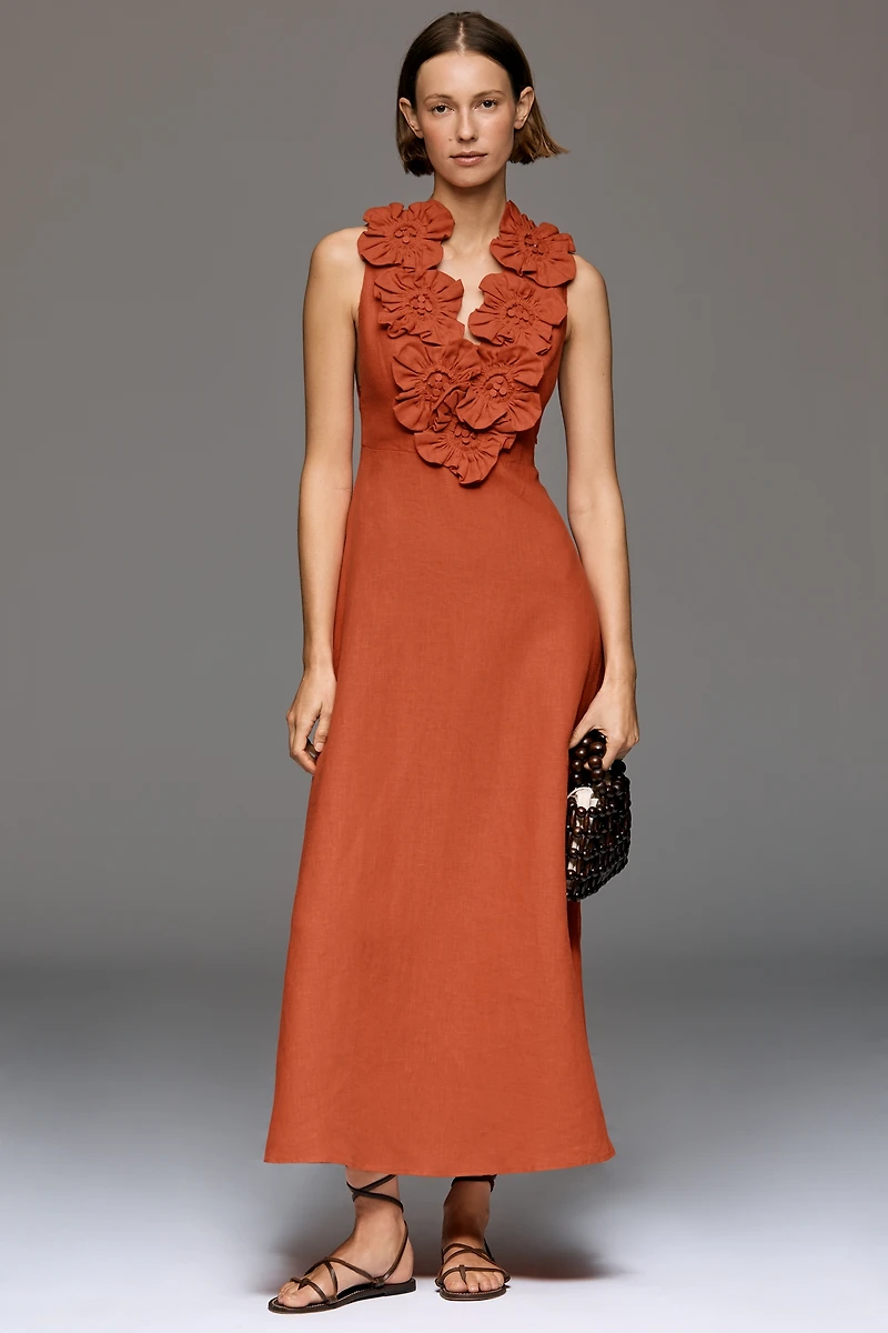 Farm Rio Ruffled Sleeveless Linen Maxi Dress