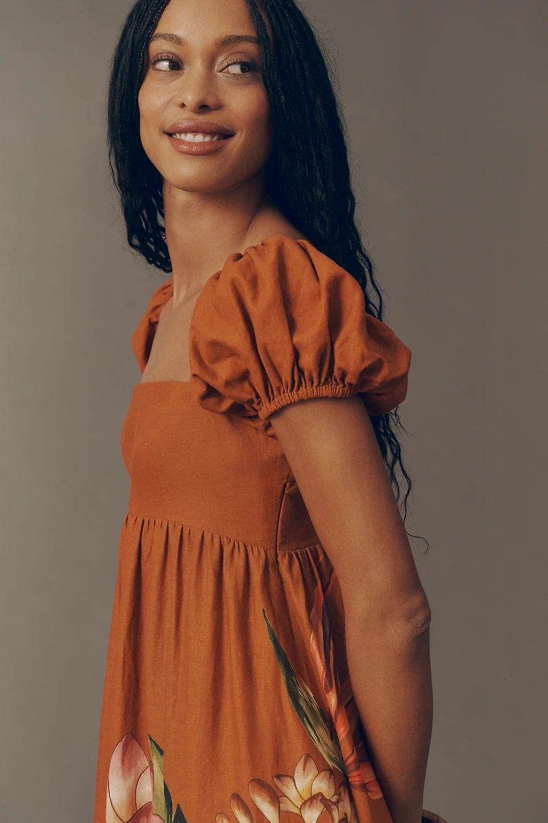 Farm Rio Puff-Sleeve Square-Neck Midi Dress