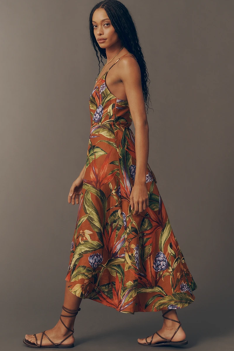 Farm Rio Florart Linen Sleeveless Plunge Midi Dress