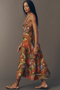 Farm Rio Florart Linen Sleeveless Plunge Midi Dress