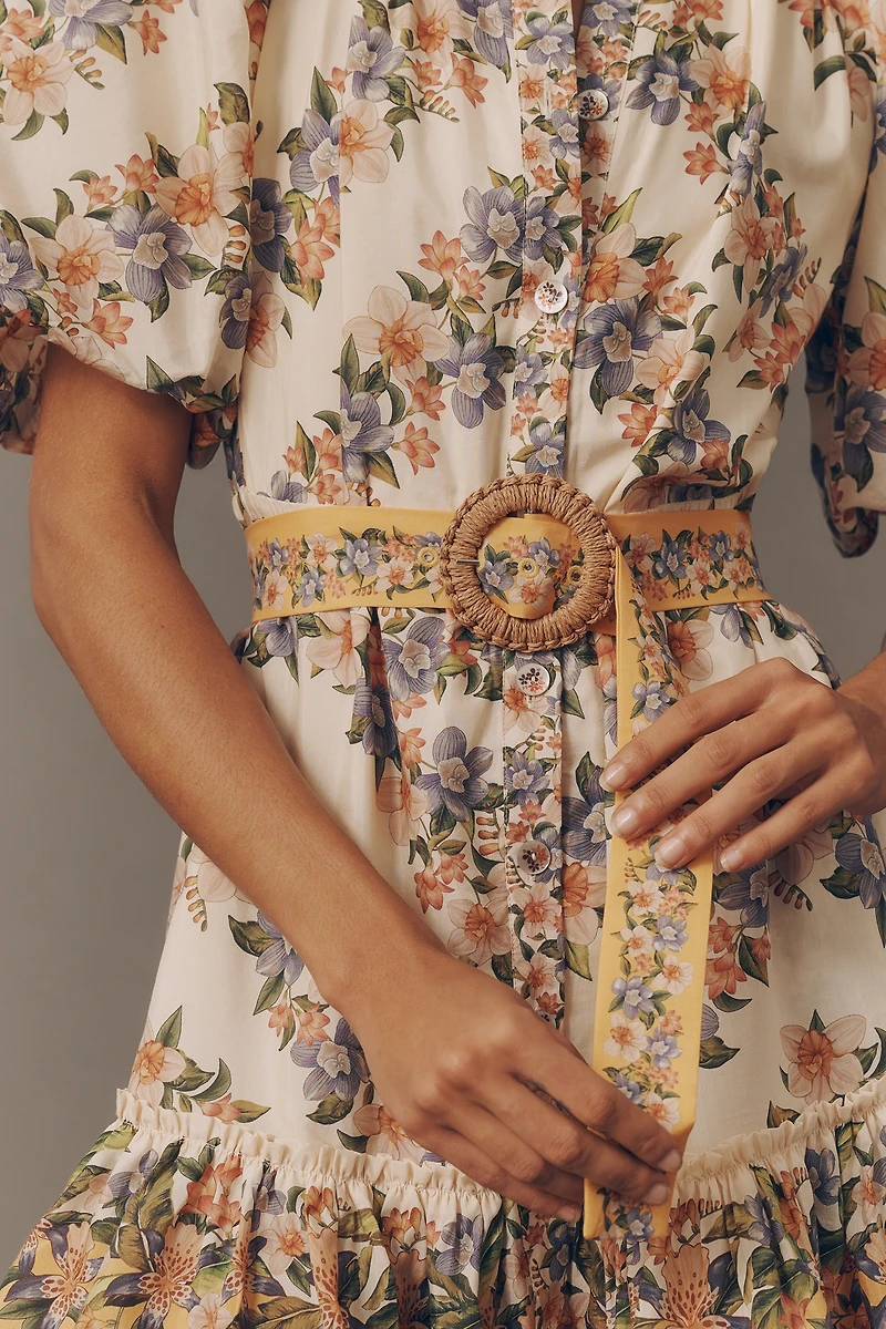 Farm Rio Sand Hilo Belted Short-Sleeve Mini Dress