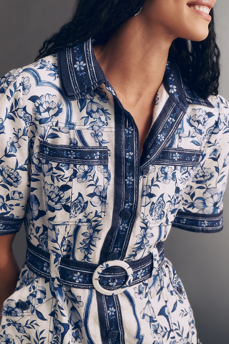 Farm Rio Porcelain Garden Belted Linen Mini Dress