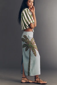 Farm Rio Embroidered Palm Linen Midi Skirt