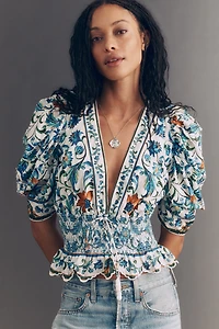 Farm Rio Flora Tile Puff-Sleeve Top