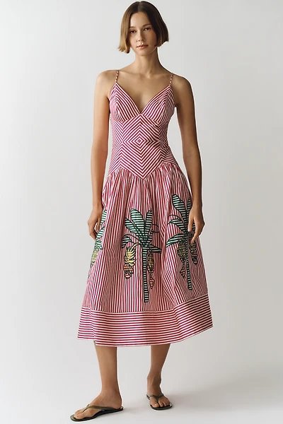 Farm Rio Palm Tree Striped Midi Dress