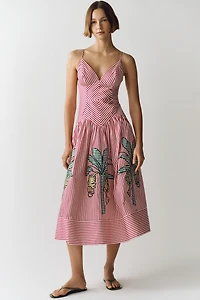 Farm Rio Palm Tree Striped Midi Dress