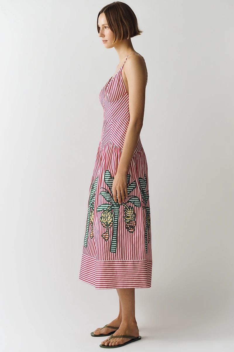 Farm Rio Palm Tree Striped Midi Dress