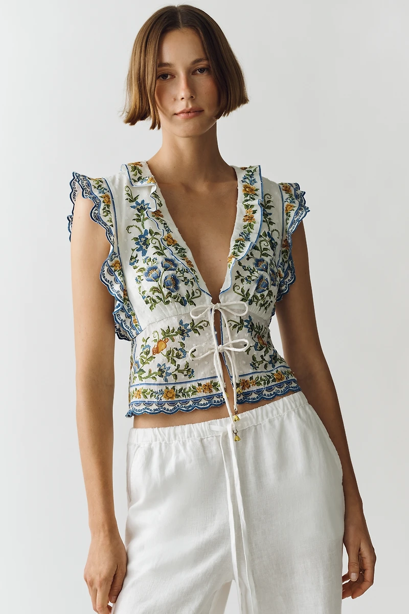 Farm Rio Emily Cotton Tie-Front Blouse