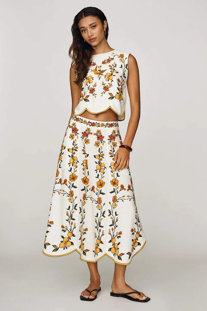Farm Rio Lemon Bouquet Linen Blend Midi Skirt