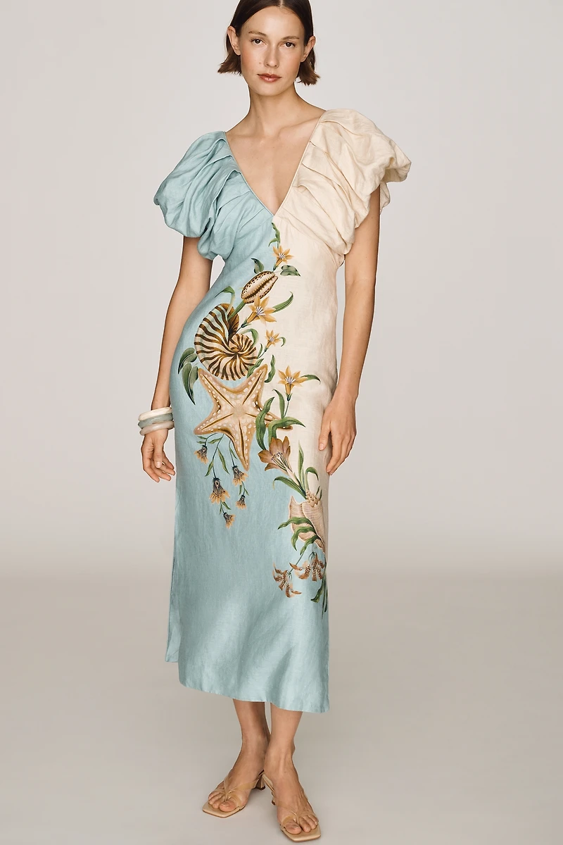 Farm Rio Marine Garden Linen Midi Dress