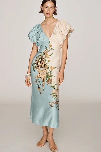 Farm Rio Marine Garden Linen Midi Dress