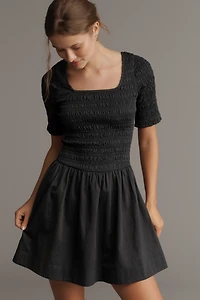 Damson Madder Straight-Neck Smocked Mini Dress