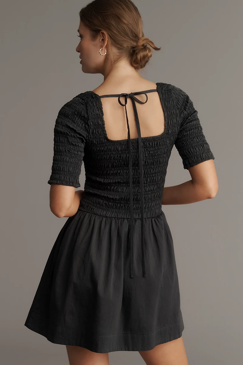 Damson Madder Straight-Neck Smocked Mini Dress