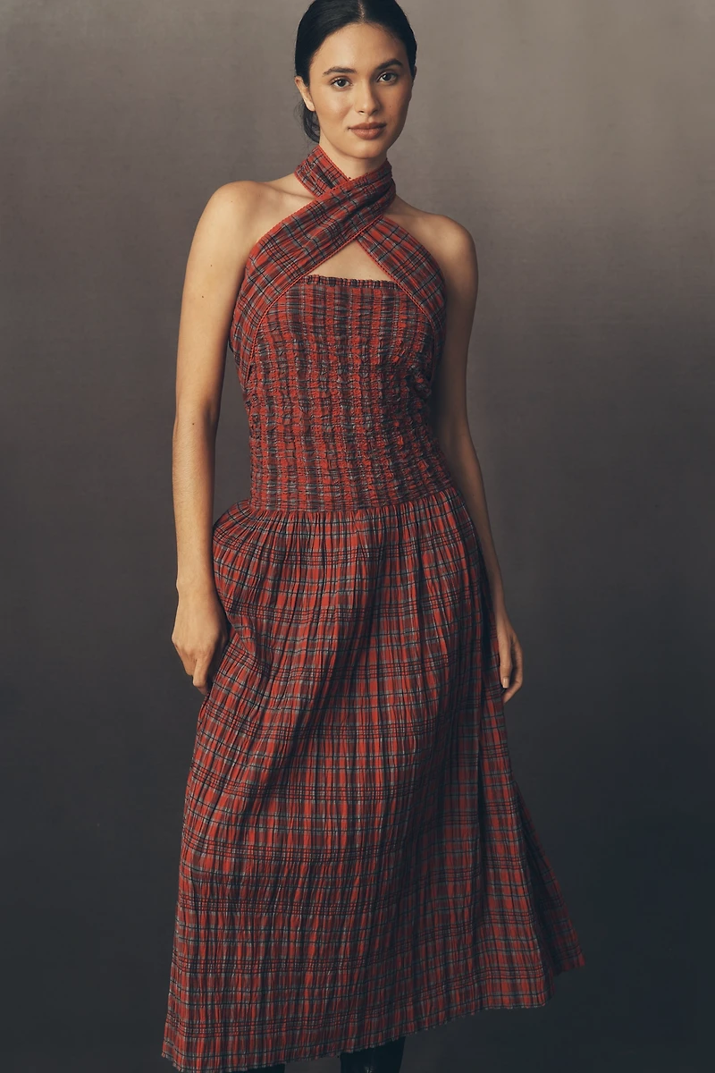 Damson Madder Mia Shirred Plaid Midi Dress