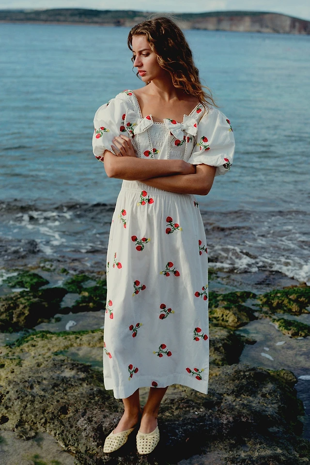 damson madder penelope midi dress Damson Madder Penelope Spot Midi Dress in Blue