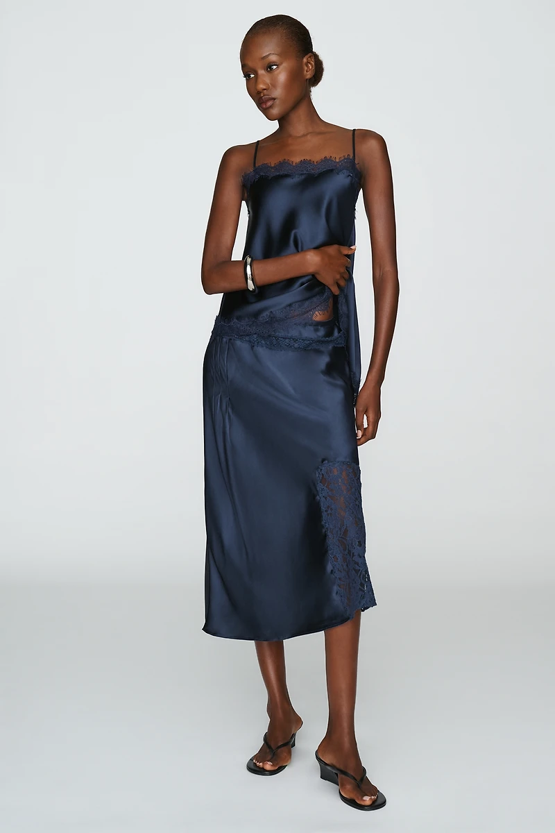 Damson Madder Elea Satin and Lace Midi Skirt