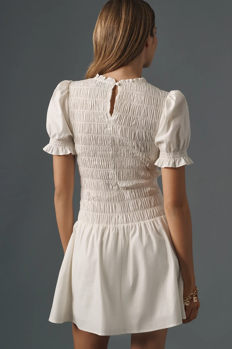 Reformation Leannah Puff-Sleeve Smocked Mini Dress