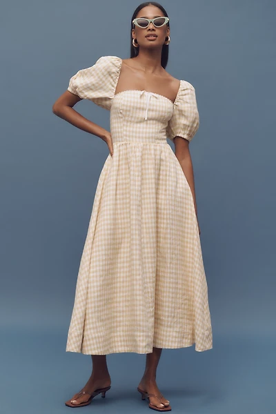 Reformation Marella Linen Puff-Sleeve Dress