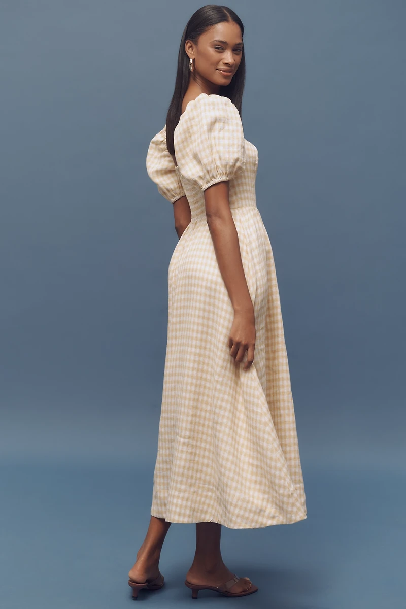 Reformation Marella Linen Puff-Sleeve Dress