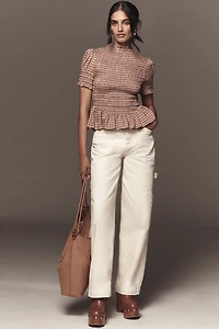 Reformation Aggie Puff-Sleeve Smocked Peplum Top