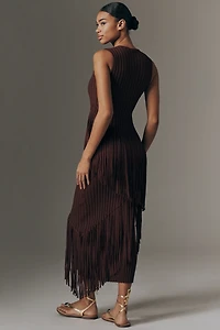 SIMONMILLER Spiral Knit Fringed Sleeveless Midi Dress