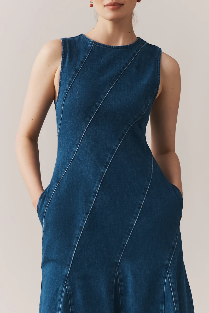 ALIGNE Raven Sleeveless Diagonal Seamed Denim Midi Dress