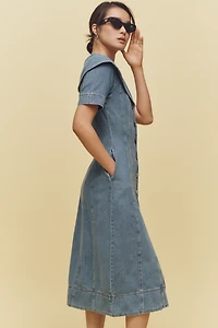 ALIGNE Sparrow Shawl-Collar Denim Midi Dress