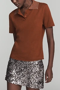 ALIGNE Anton Diamante Short-Sleeve Wool-Blend Polo Sweater