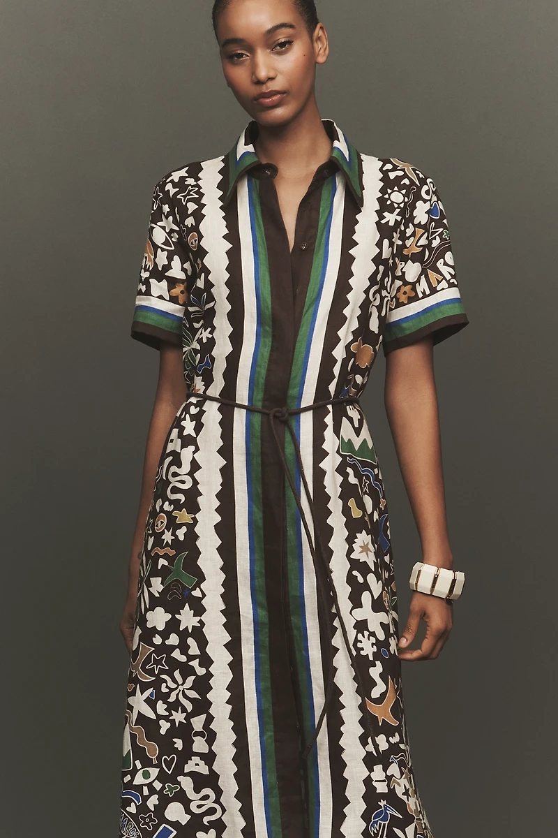 ALÉMAIS Maroc Linen Short-Sleeve Maxi Shirt Dress