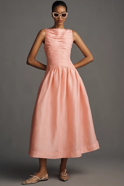 Lovaan Val Sleeveless Ruched Linen-Silk Midi Dress