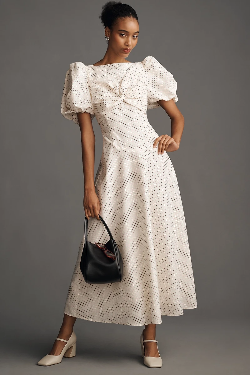 Lovaan Tallulah Puff-Sleeve A-Line Cotton-Silk Midi Dress