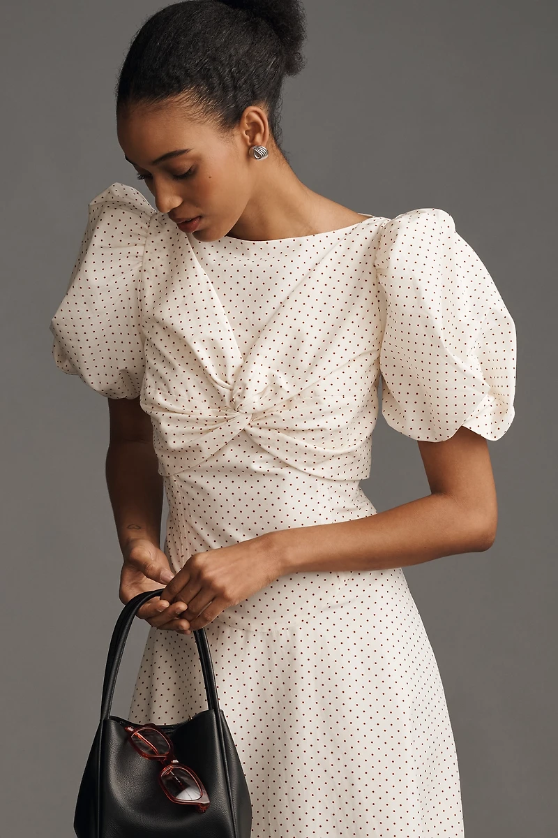 Lovaan Tallulah Puff-Sleeve A-Line Cotton-Silk Midi Dress
