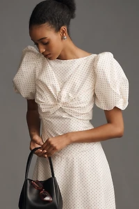 Lovaan Tallulah Puff-Sleeve A-Line Cotton-Silk Midi Dress