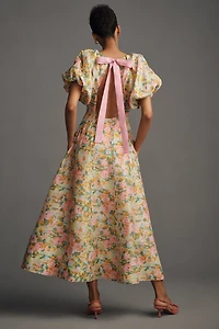 Lovaan Lorna Puff-Sleeve V-Neck Linen-Silk Maxi Dress