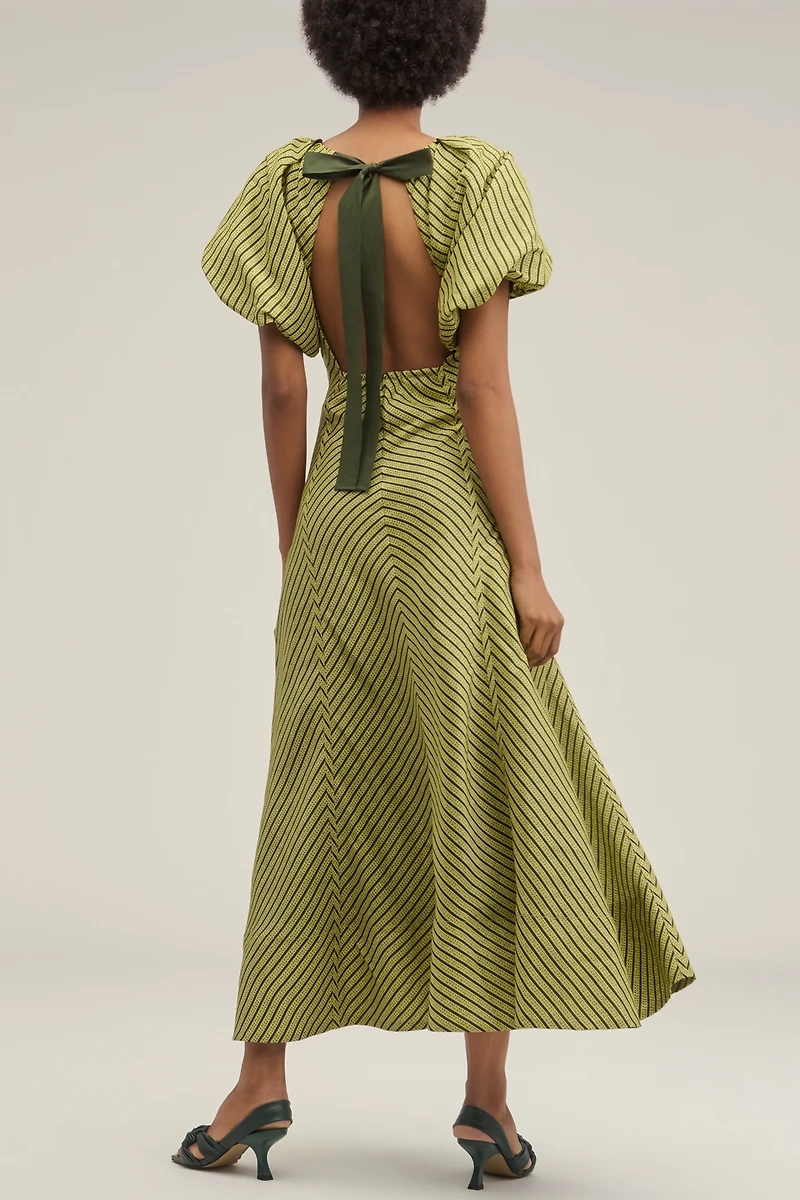 Lovaan Tess Linen Silk Puff-Sleeve Dress