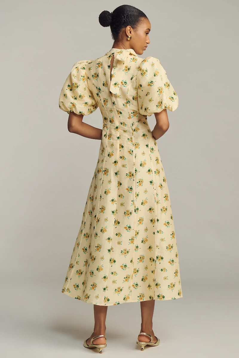 Lovaan Hollie Linen Silk Puff-Sleeve Dress