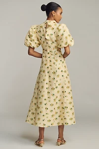 Lovaan Hollie Linen Silk Puff-Sleeve Dress