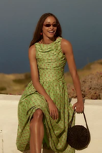 Lovaan Val Sleeveless Ruched Linen-Silk Dress