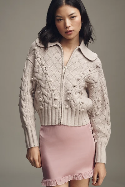 Lovaan Merino Wool Cable-Knit Zip-Front Sweater
