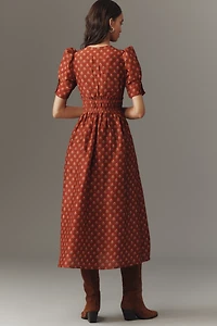 Lovaan Boehm Linen-Silk Puff-Sleeve V-Neck Midi Dress