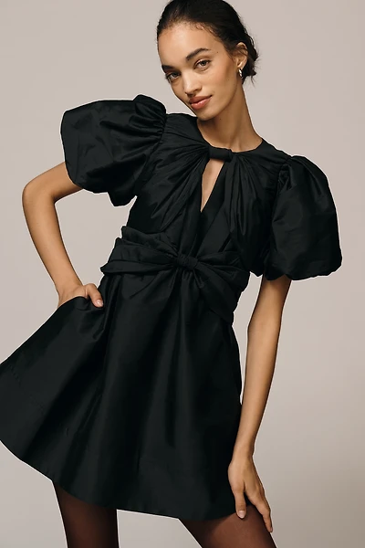 Lovaan Iris Puff-Sleeve Taffeta Mini Dress